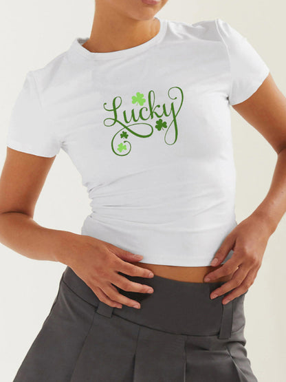 Tees- St. Patrick's Day Crop Tee for Women with Leprechaun & Lucky Clover Print- Bud green- Chuzko Women Clothing
