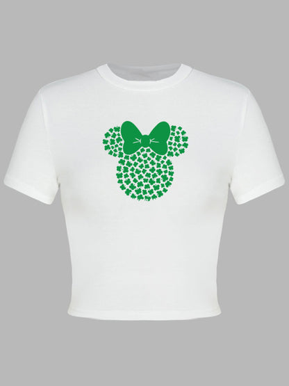 Tees- St. Patrick's Day Crop Tee for Women with Leprechaun & Lucky Clover Print- - Chuzko Women Clothing