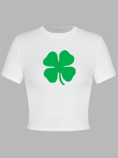 Tees- St. Patrick's Day Crop Tee for Women with Leprechaun & Lucky Clover Print- - Chuzko Women Clothing