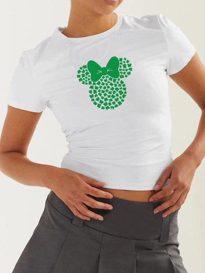 Tees- St. Patrick's Day Crop Tee for Women with Leprechaun & Lucky Clover Print- Fruit green- Chuzko Women Clothing