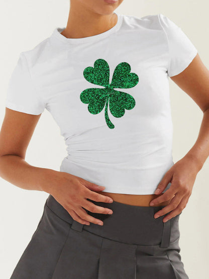 Tees- St. Patrick's Day Crop Tee for Women with Leprechaun & Lucky Clover Print- Green- Chuzko Women Clothing