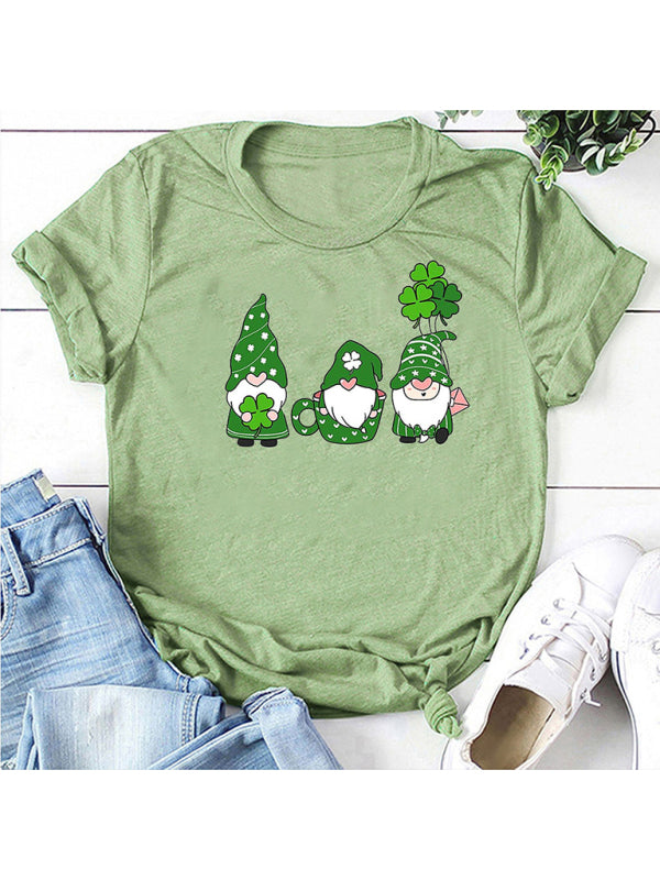 Tees- Women's Cotton Tee with Short Sleeves and St. Paddy's Leprechaun Print- Pale green- Chuzko Women Clothing