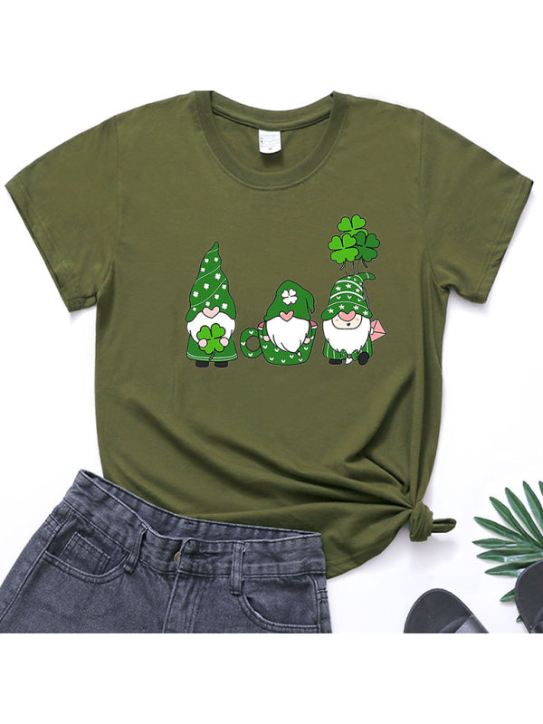 Tees- Women's Cotton Tee with Short Sleeves and St. Paddy's Leprechaun Print- Olive green- Chuzko Women Clothing