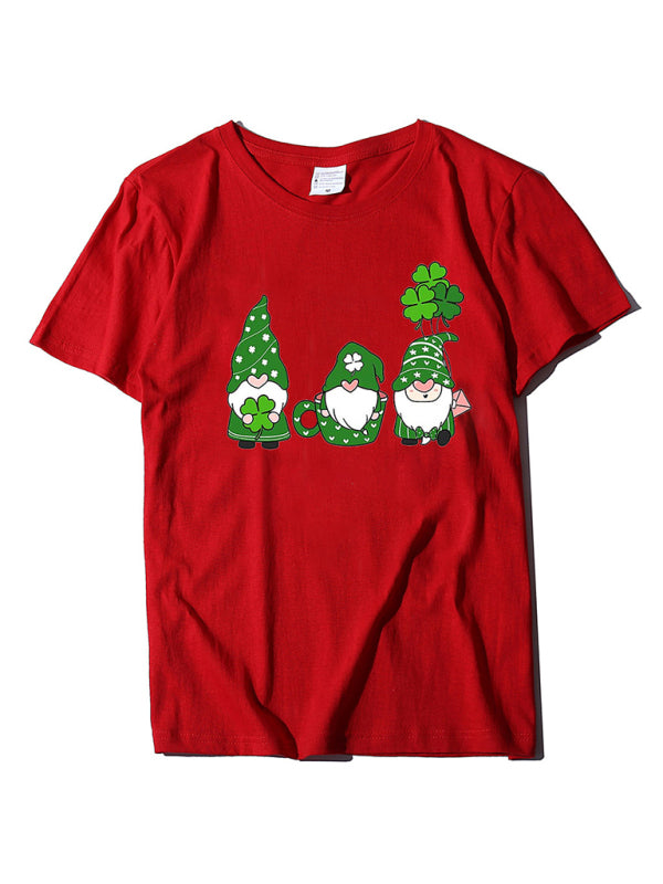 Tees- Women's Cotton Tee with Short Sleeves and St. Paddy's Leprechaun Print- Red- Chuzko Women Clothing