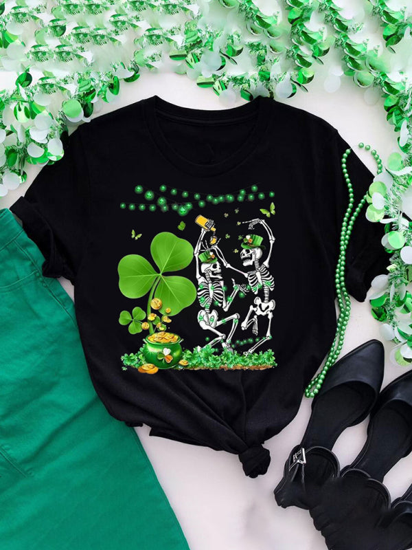 Tees- Women's St. Patrick's Day Tee with Four-leaf Clover Print- Green- Chuzko Women Clothing