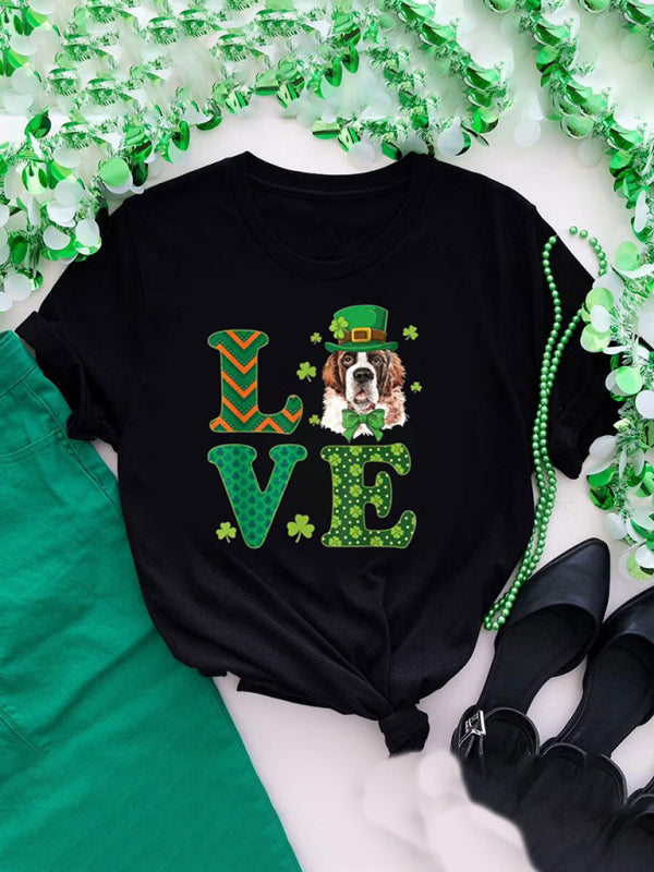 Tees- Women's St. Patrick's Day Tee with Four-leaf Clover Print- Bud green- Chuzko Women Clothing