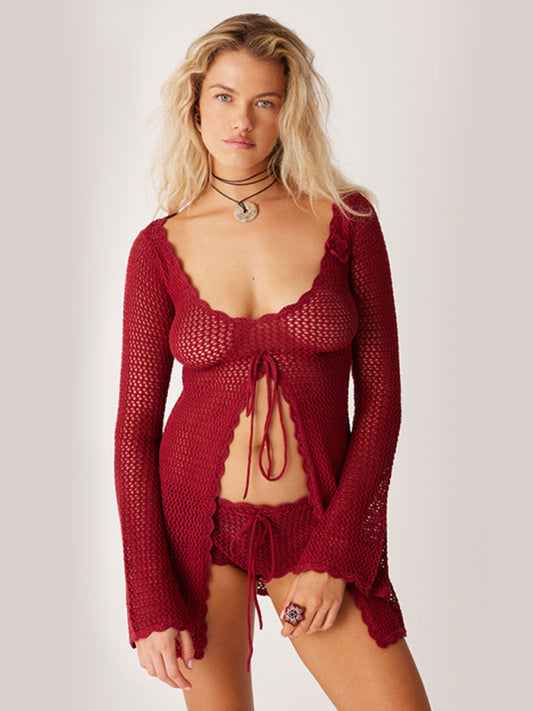 Tunic Cover Up- Open Knit Beachwear Cover-Up - Long Sleeve Crochet Tunic- Red- Chuzko Women Clothing