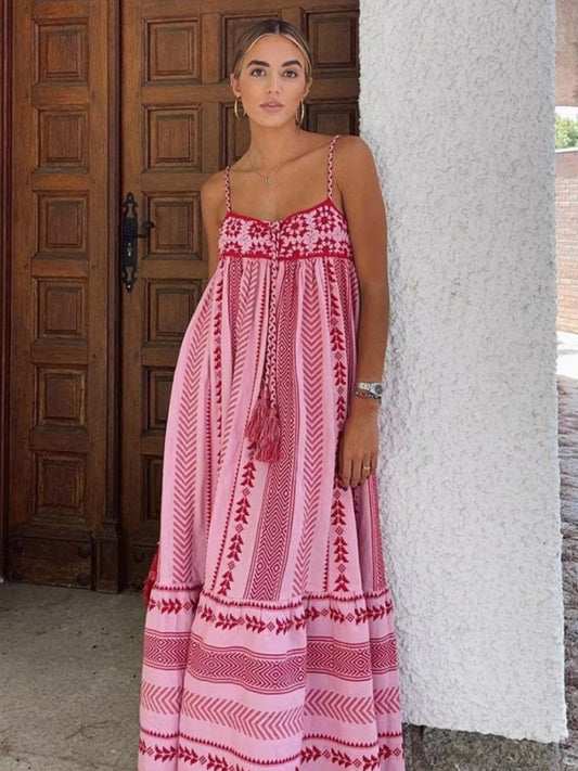 Vacation Dresses- Empire Waist Crochet Patchwork Vacation Dress- Pink- Chuzko Women Clothing