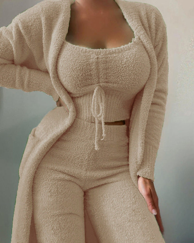 Snuggle in Style: Fuzzy Tank & Pants & Cardigan Sleepwear & Loungewear - Chuzko Women Clothing