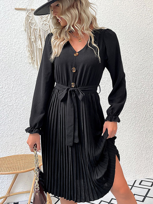 Solid Pleated Long Sleeve Belted Dress Pleated Dresses - Chuzko Women Clothing