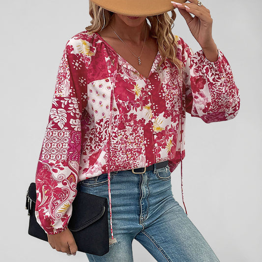 Boho Floral Blouse with Balloon Sleeves and V-Neck for Women Top - Chuzko Women Clothing