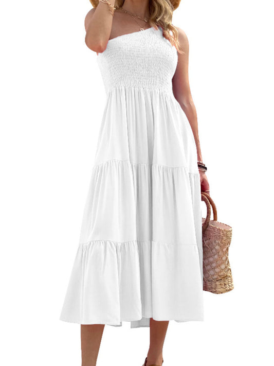 Solid Cotton One-shoulder Smocked Midi Dress Midi dress - Chuzko Women Clothing