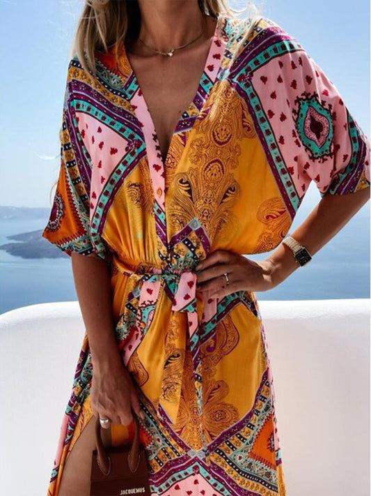 Beach Vacation Geometric Belted Wrap Maxi Dress Maxi dresses - Chuzko Women Clothing