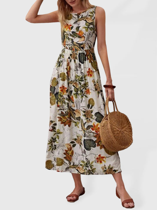Leafy Floral Crew Neck Fit and Flare Tank Midi Dress Dress - Chuzko Women Clothing