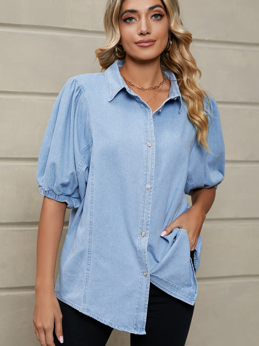 Denim Blouse - Jean Shirt Casual Top Shirt - Chuzko Women Clothing
