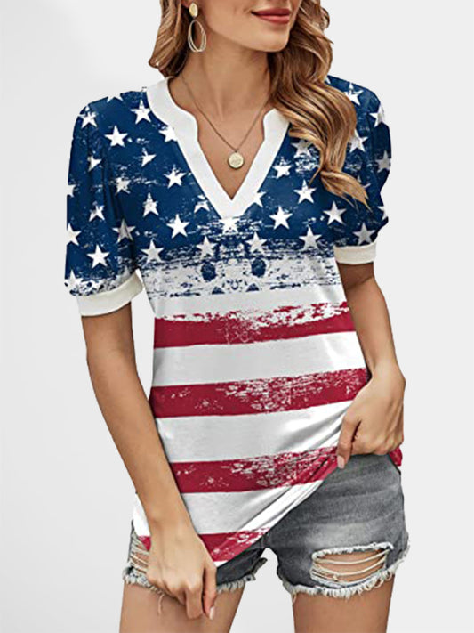 Patriotic Casual T-Shirt with American Flag Print and Puff Sleeves Top - Chuzko Women Clothing