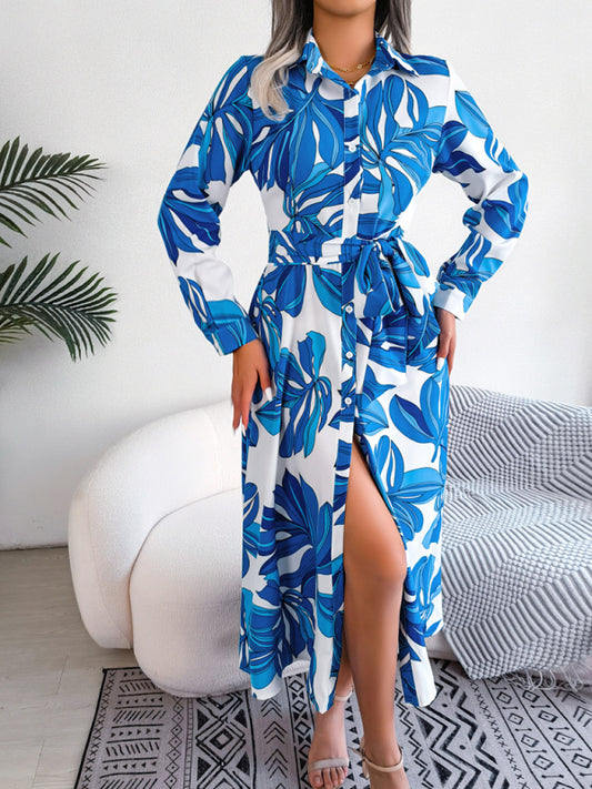 Abstract Print A-line Tie-Belt Long Shirt Dress with Long Sleeves Dress - Chuzko Women Clothing