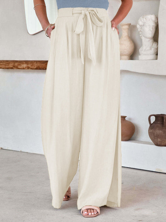 Wide-leg Trousers with Ribbon Knot Waist - Pants Trousers - Chuzko Women Clothing