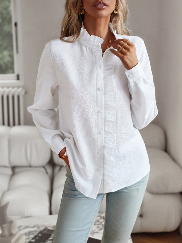 Women's Textured Button Down Shirt - Stand Collar and Ruffle Blouse Shirts - Chuzko Women Clothing