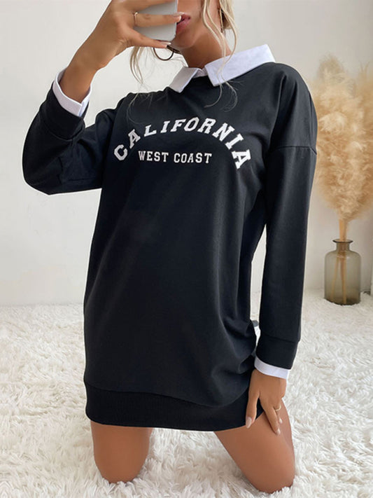 Solid Cotton California Collared Sweatshirt Dress Sweatshirt Dress - Chuzko Women Clothing