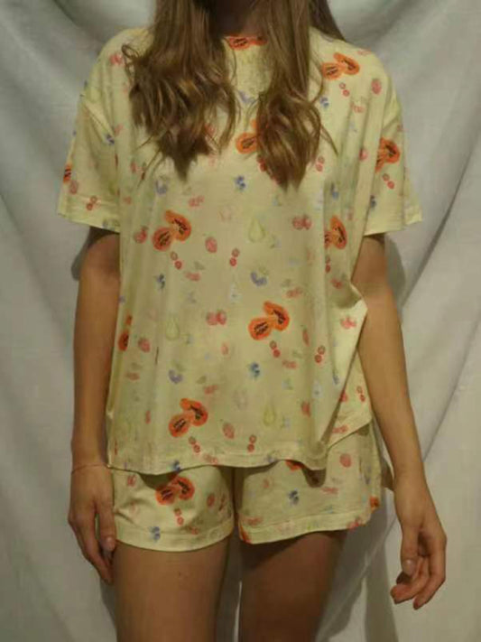 Fruity Print Oversized  Pajamas Set T-shirt and Shorts Pajama Set - Chuzko Women Clothing