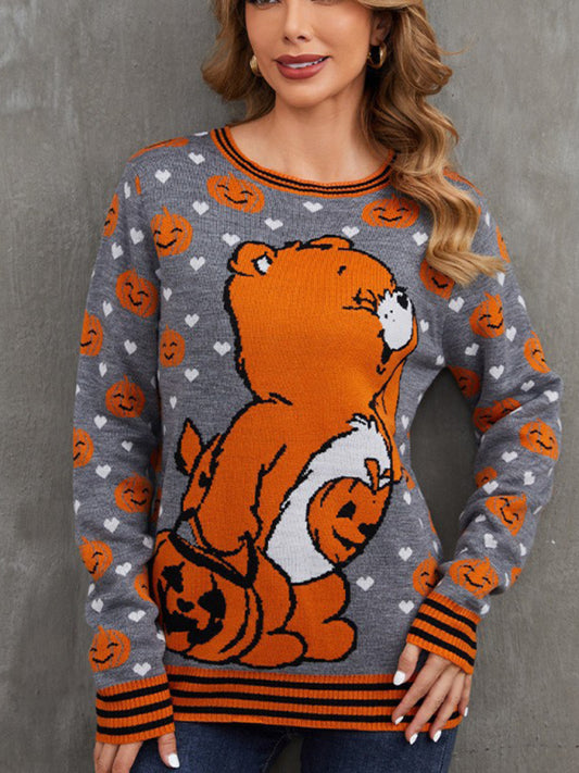 Women’s Halloween Knitted Bears Pumpkins Ugly Sweater Swaters - Chuzko Women Clothing