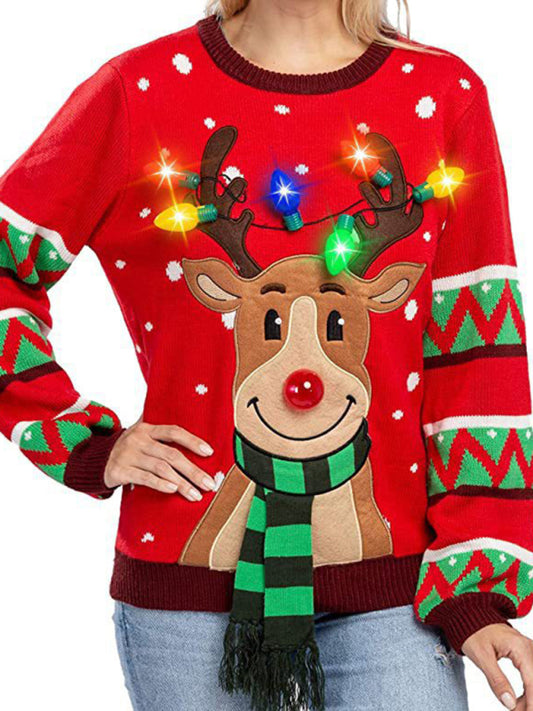 Christmas Reindeer Light-Up Bulbs Christmas Sweater Christmas Sweaters - Chuzko Women Clothing