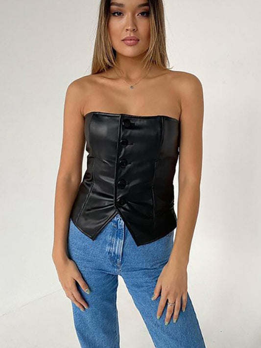 Faux Leather Button-Front Strapless Tube Top Tube Tops - Chuzko Women Clothing