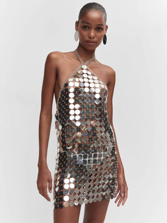 Metallic Sequin Chain Clubbing Backless Mini Dress Party Dresses - Chuzko Women Clothing