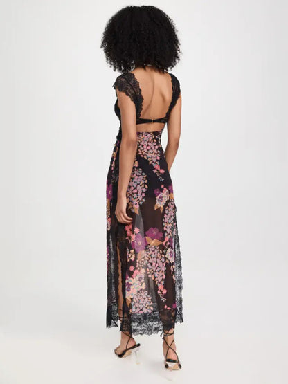 Floral See-Through Backless Lace Slits Maxi Dress Maxi Dresses - Chuzko Women Clothing