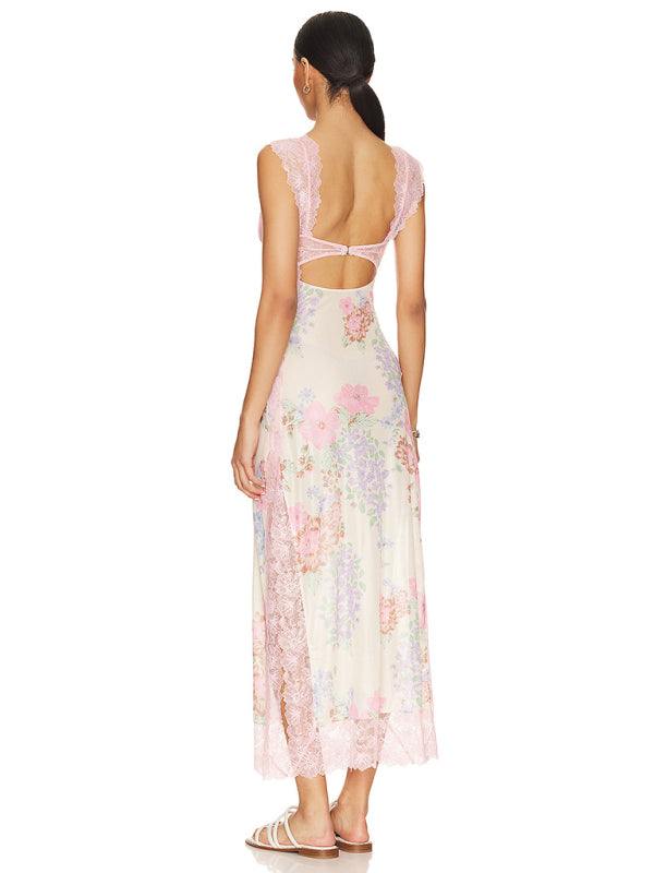 Floral See-Through Backless Lace Slits Maxi Dress Maxi Dresses - Chuzko Women Clothing