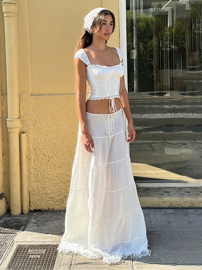 Vacation Summer Outfit Tiered Maxi Skirt and Lace-Up Top Vacation Outfits - Chuzko Women Clothing