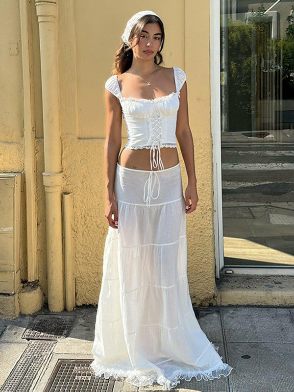Vacation Summer Outfit Tiered Maxi Skirt and Lace-Up Top Vacation Outfits - Chuzko Women Clothing