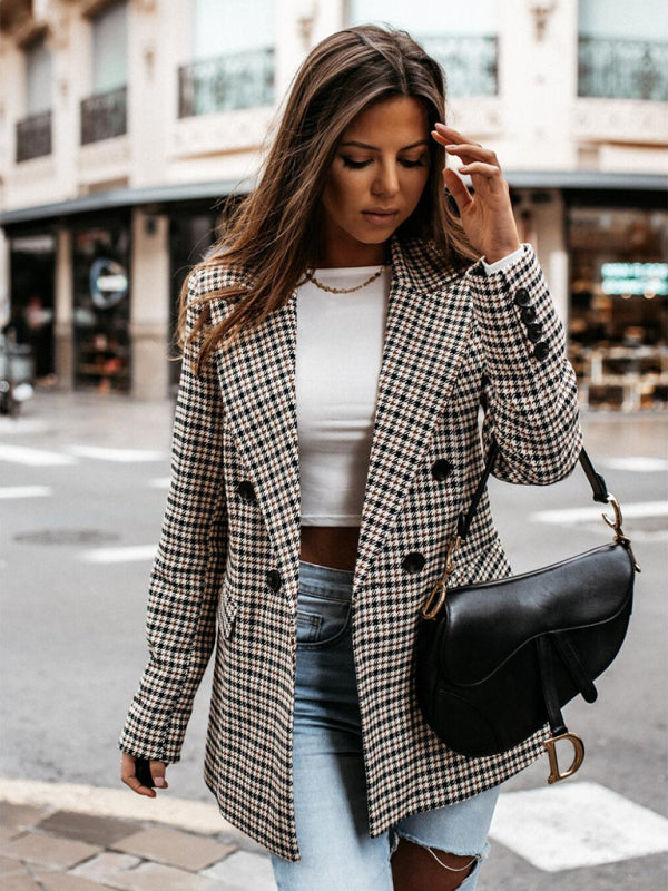 Autumn Double-Breasted Plaid Blazer - Office Mid-Length Jacket Blazers - Chuzko Women Clothing
