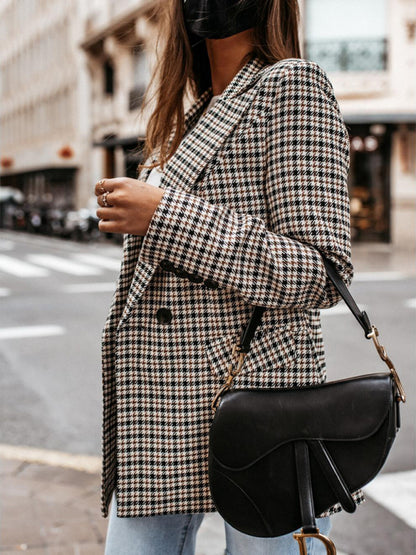Autumn Double-Breasted Plaid Blazer - Office Mid-Length Jacket Blazers - Chuzko Women Clothing