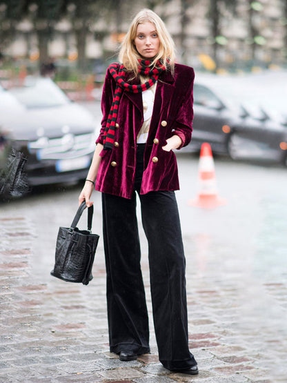 Double-Breasted Velvet Jacket Blazer in Rich Autumn Tones Velvet Blazers - Chuzko Women Clothing