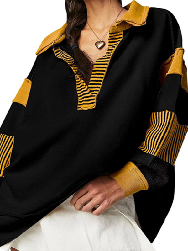 Oversized Stripes Patchwork Sport Sweatshirt - Deep Collar Pullover Sweatshirts - Chuzko Women Clothing