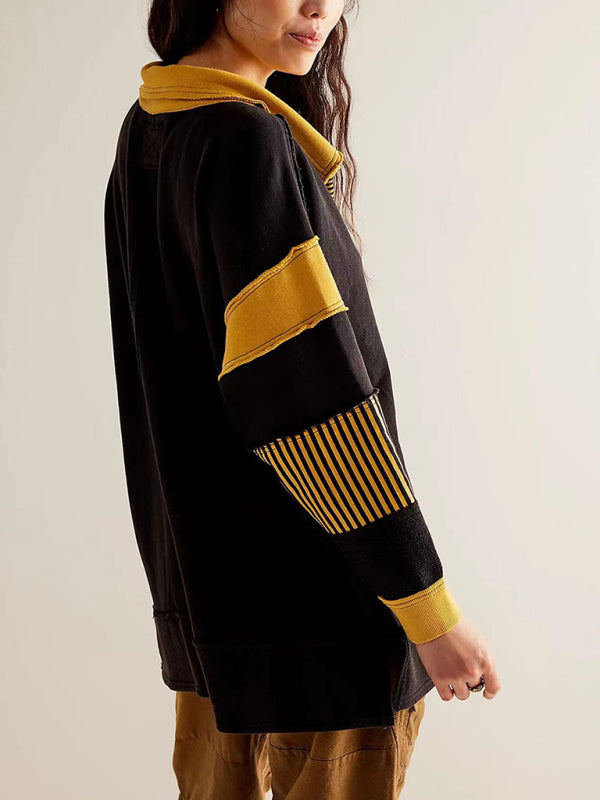 Oversized Stripes Patchwork Sport Sweatshirt - Deep Collar Pullover Sweatshirts - Chuzko Women Clothing