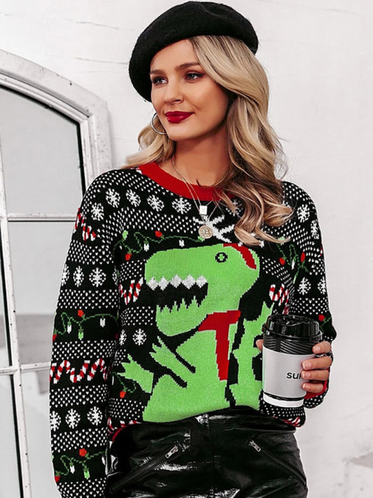 Thanksgiving Christmas Dinosaur Knit Crew Neck Sweater Jumper Christmas Sweaters - Chuzko Women Clothing