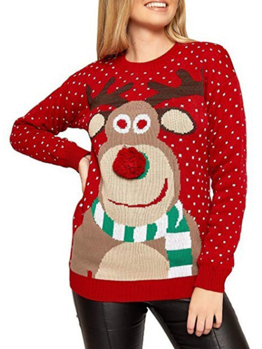 Merry Christmas Ugly Reindeer Pom Pom Nose Knit Sweater Christmas Sweaters - Chuzko Women Clothing