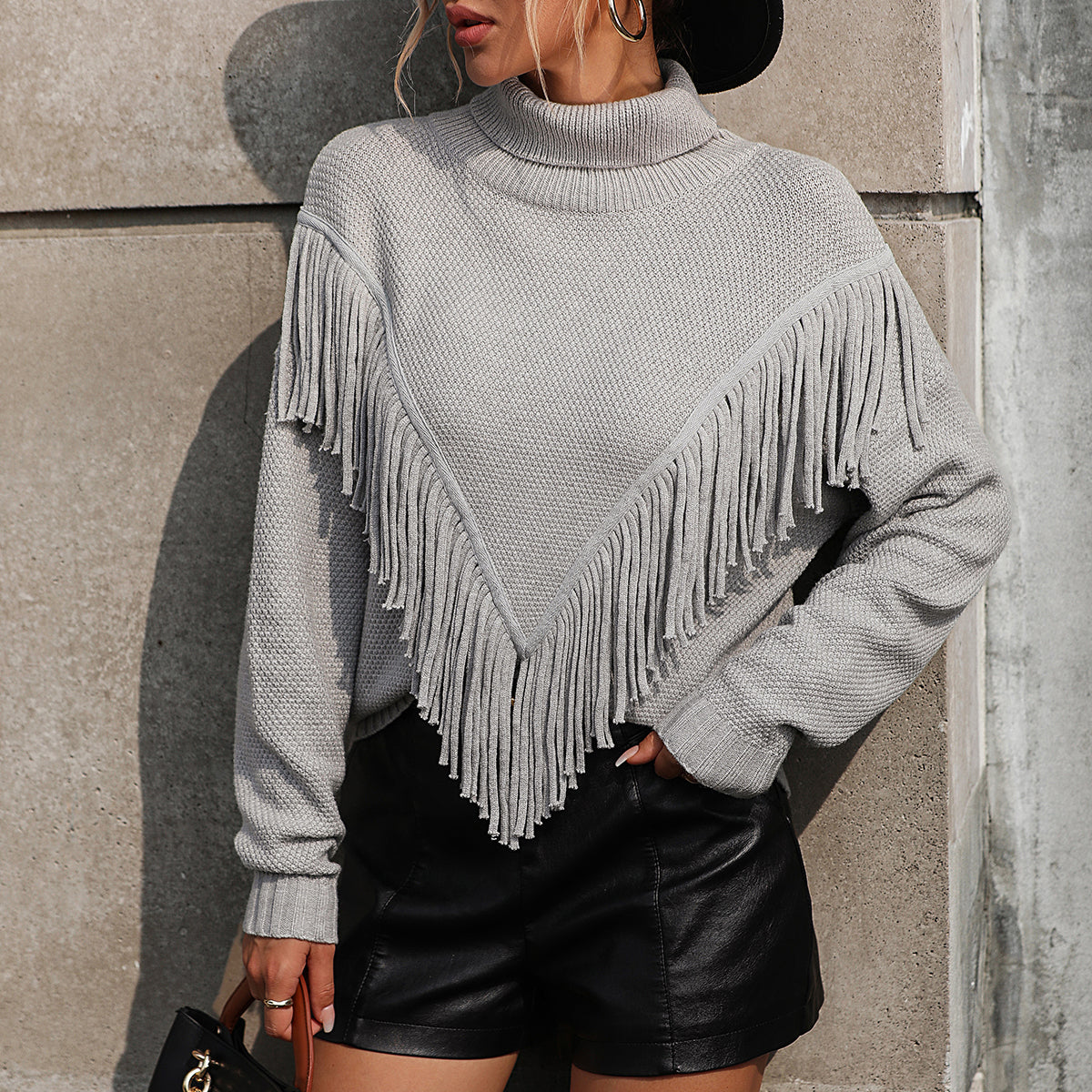 Chic Fringe Trim Sweater - Stand Neck Turtleneck  Knitwear Pullover Sweaters - Chuzko Women Clothing