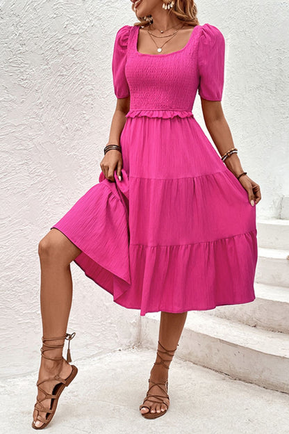 Women's Tiered Midi Dress: Smocked Design & Adjustable Bowknot Back Midi Dresses - Chuzko Women Clothing
