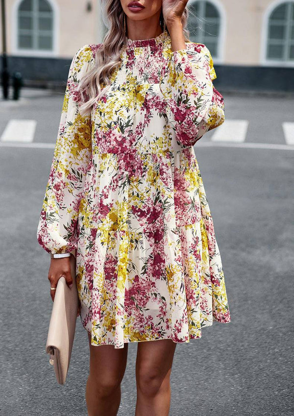 Elegant Floral Tiered Mini Dress with High Neck & Bishop Sleeves Mini Dresses - Chuzko Women Clothing