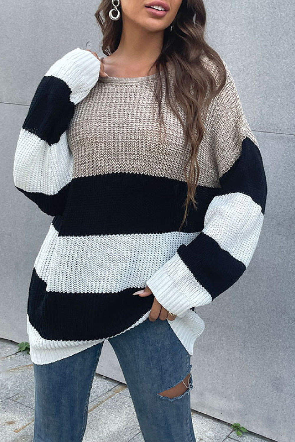 Oversized Waffle Knit Long Sweater: Women's Drop Shoulders Pullover Sweaters - Chuzko Women Clothing