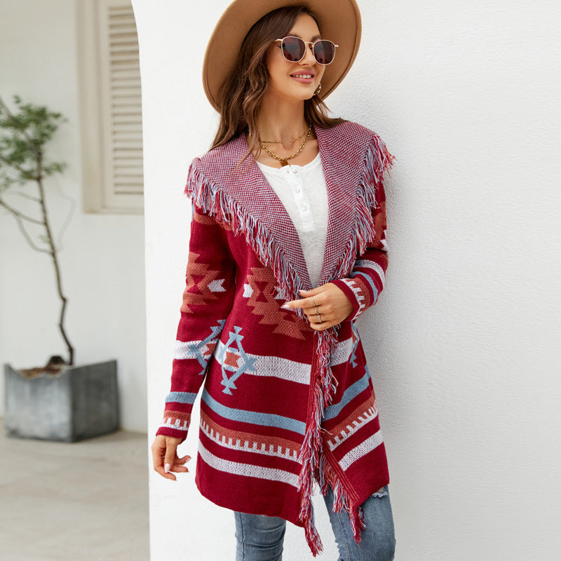 Aztec Knit Cozy Fringe Shawl Lapel Coat Coats - Chuzko Women Clothing