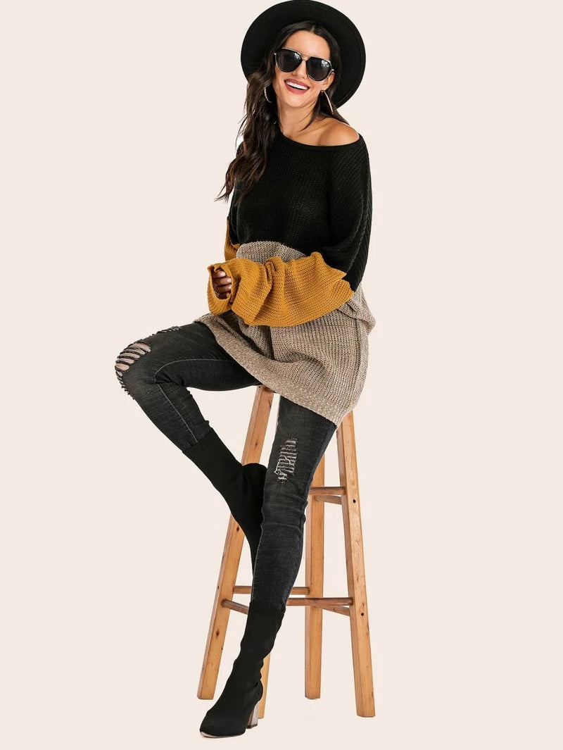Knitted Color Block Drop Shoulder Mid Sweater Sweaters - Chuzko Women Clothing