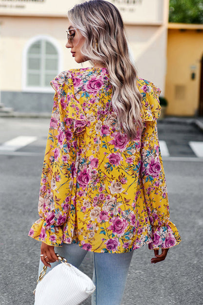 Floral Lantern Sleeve Blouse - Ruffles & Smocked Top Blouses - Chuzko Women Clothing