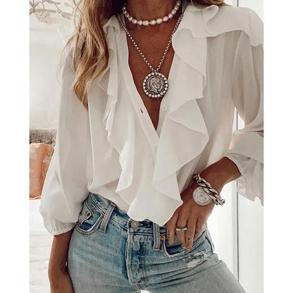 Solid Long Sleeves Cascade Ruffle V-Neck Top Blouse