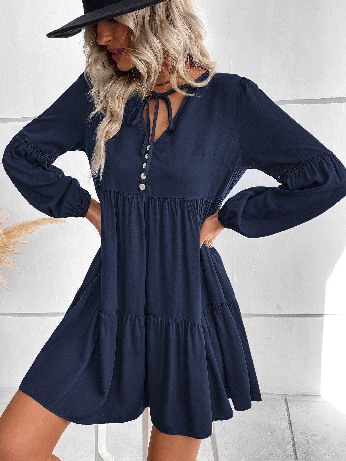 Solid Tiered Baggy Long Sleeve Mini Dress Flounce Dresses - Chuzko Women Clothing