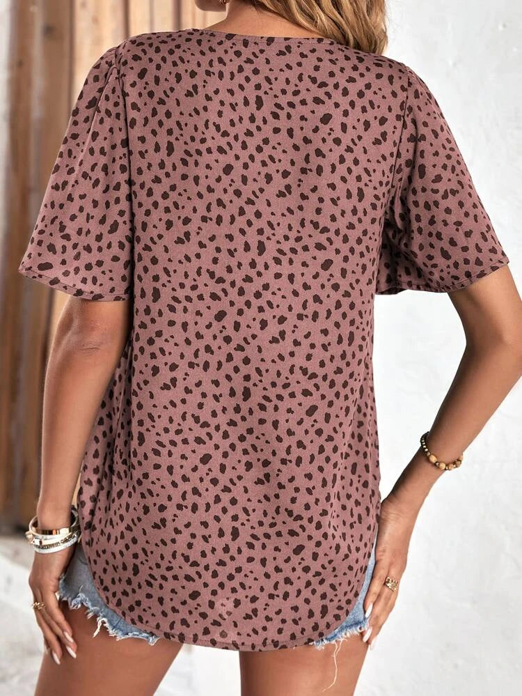 Trendy Flounce Sleeves Blouse: V Neck, Dalmatian Print, Casual Top Blouses - Chuzko Women Clothing